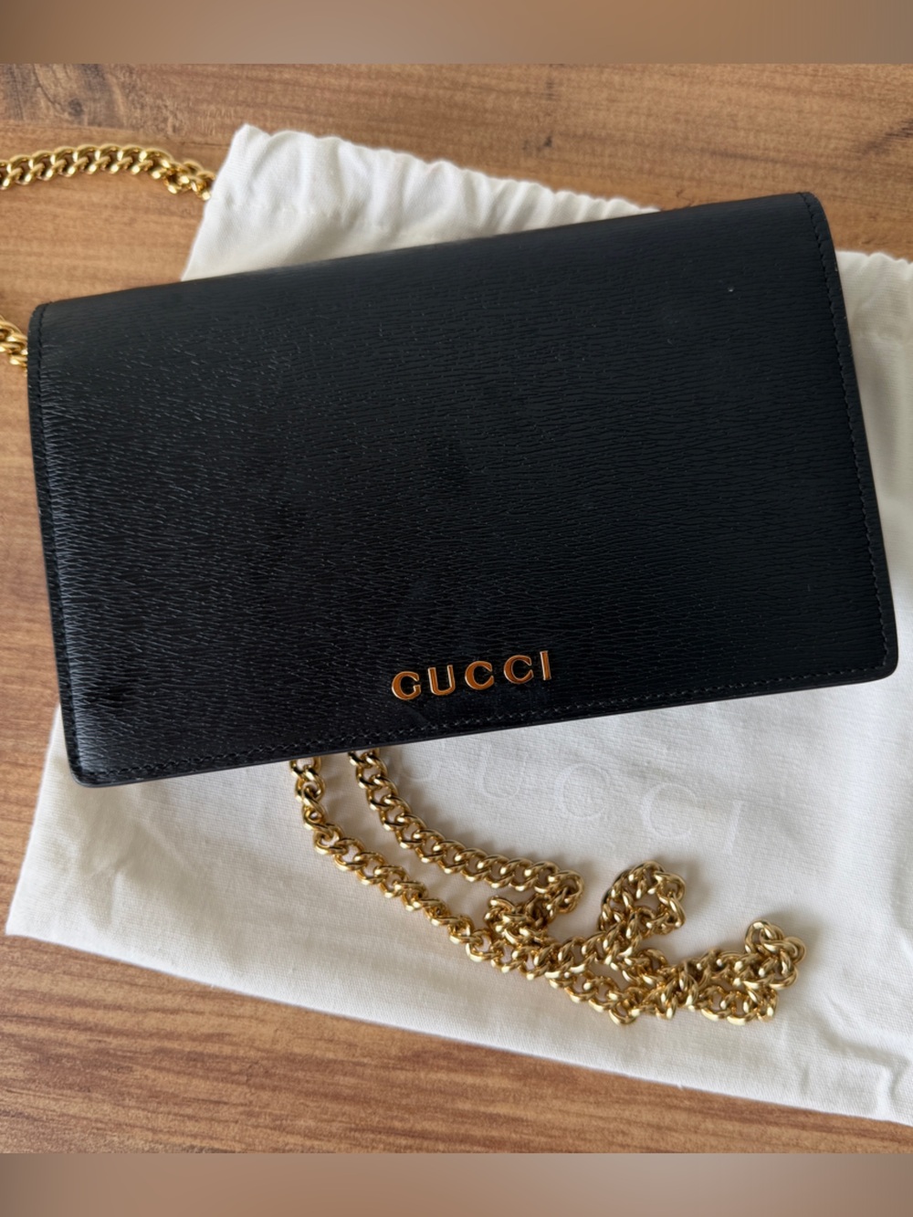 Gucci Black Leather Crossbody with Gold Chain
